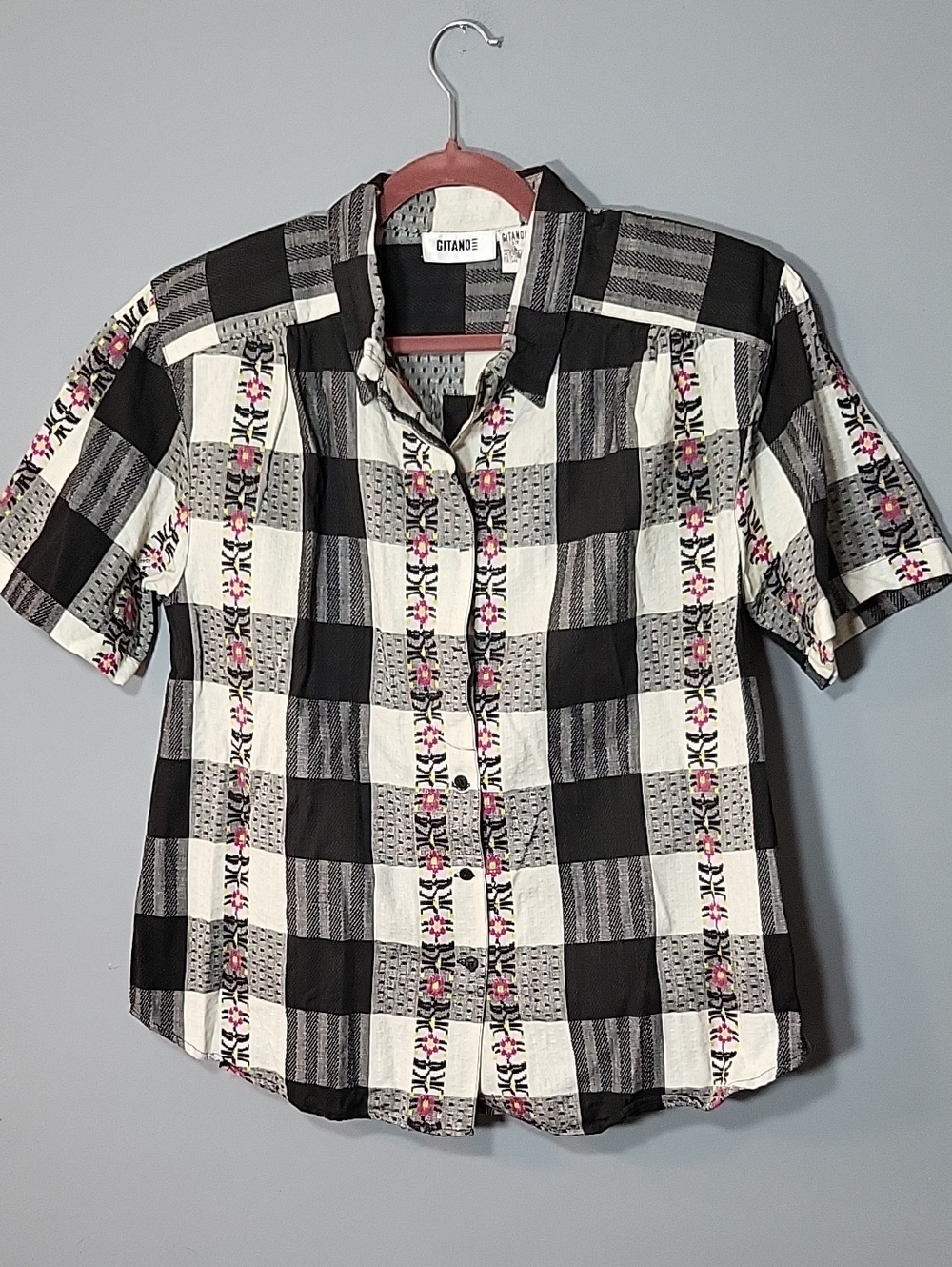 Gitano Size L Vintage 1990s Black White Pink Check Short Sleeve Button Up Shirt